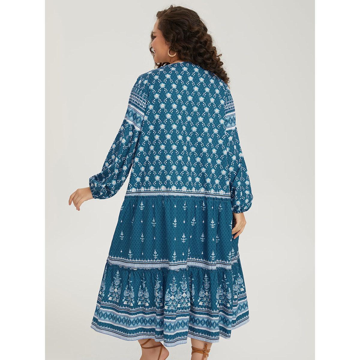 Plus Size Bandana Print Knot Neck Lantern Sleeve Dress Aegean Women Vacation Elastic cuffs Tie Neck Long Sleeve Curvy Midi Dress BloomChic 10/M Product Image