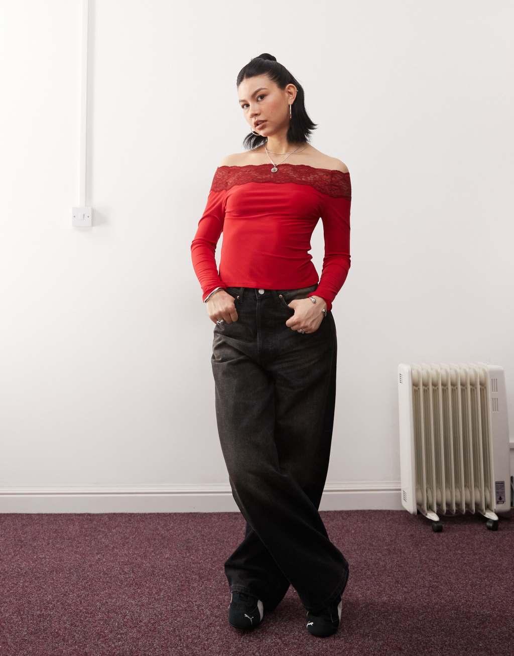 Reclaimed Vintage off the shoulder lace trim top in cherry red Product Image