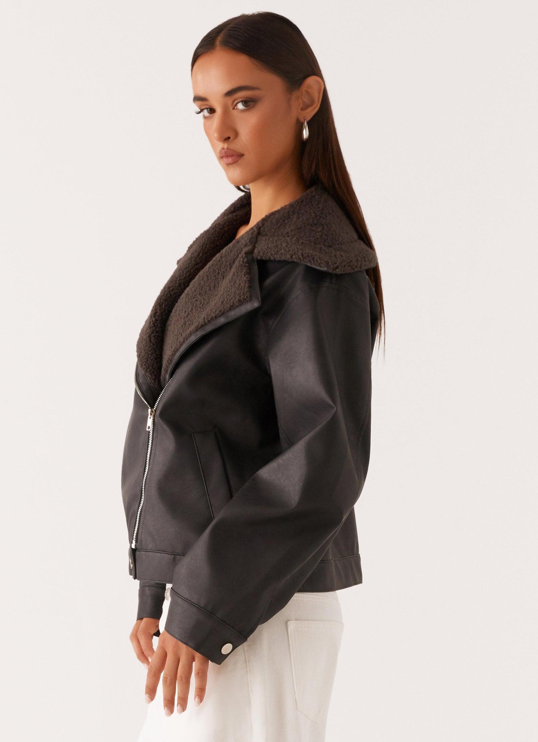 Inka PU Leather Shearling Jacket - Charcoal Girls Product Image