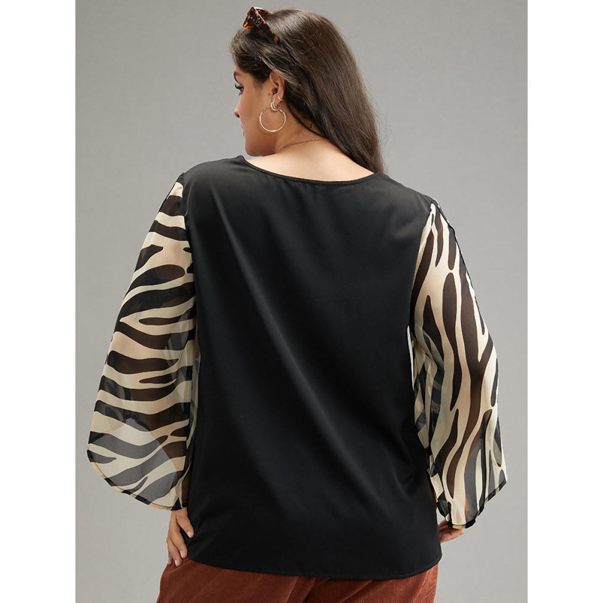 Plus Size Black Zebra Print Chiffon Patchwork Pearl Beaded Blouse Women Elegant Elbow-length sleeve V-neck Dailywear Blouses BloomChic 14-16/1X Product Image
