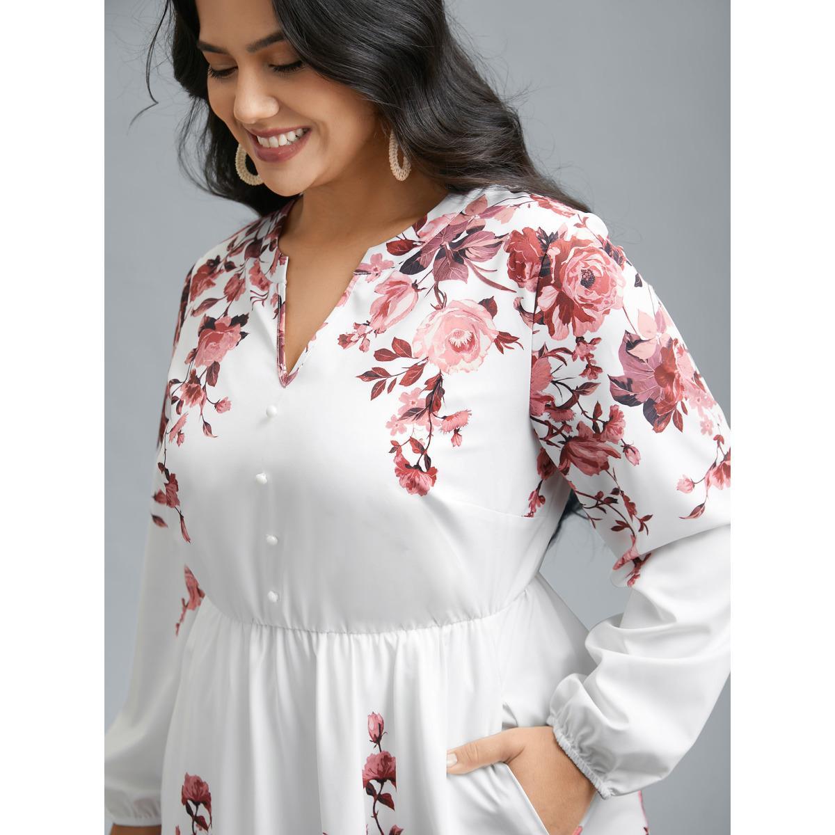 Plus Size Boho Print Lantern Sleeve Button Detail Dress Rosered Women Resort Button Flat collar with V-notch Long Sleeve Curvy BloomChic 22-24/3X Product Image