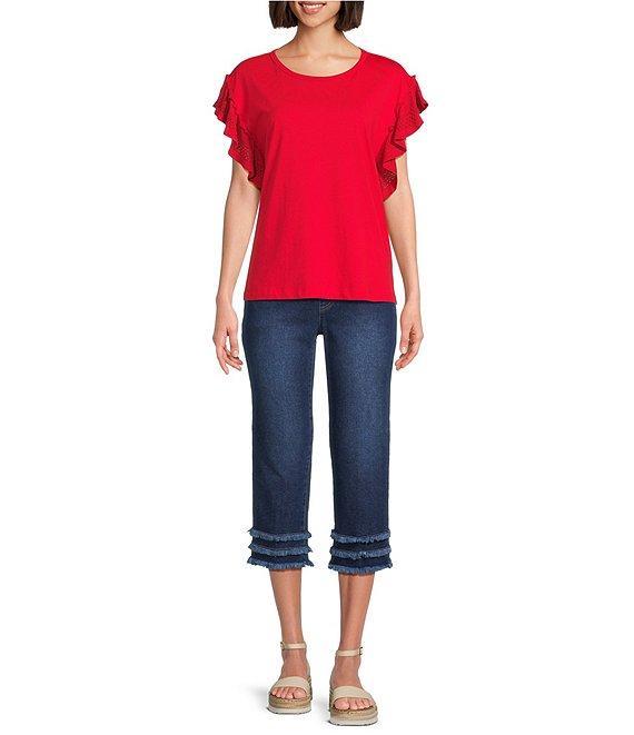Multiples Stretch Denim Wide Waistband Triple Fringe Hem Pull-On Jeans Product Image