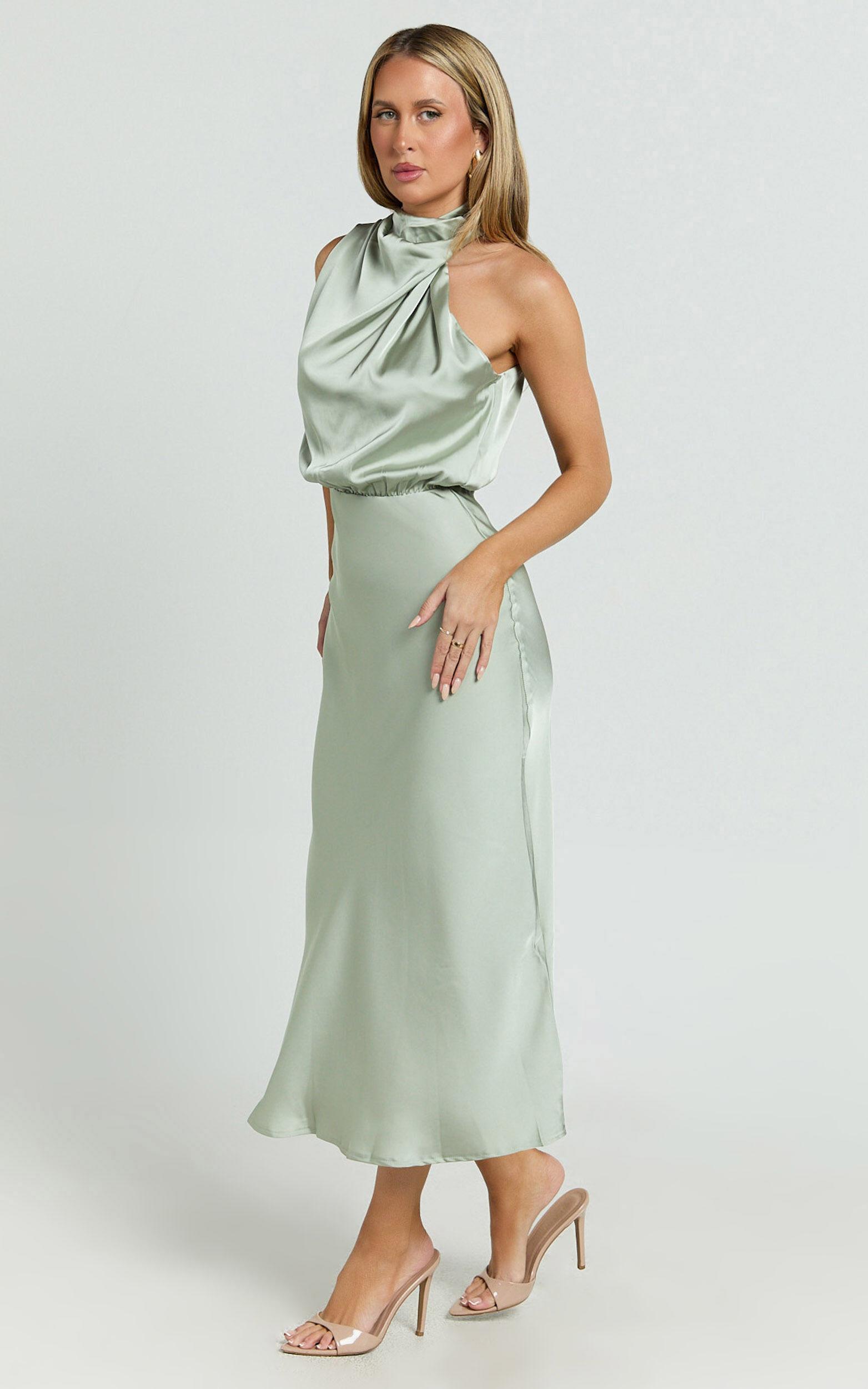 Minnie Midi Dress - Drape Neck Satin Slip Dress in Sage Product Image