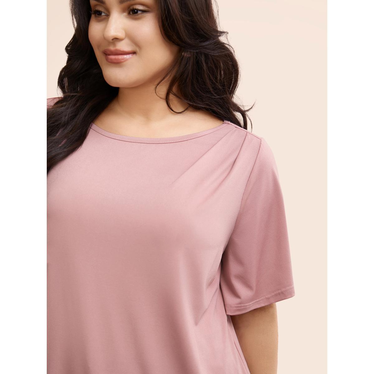 Plus Size Solid Round Neck Plicated Detail T-shirt Rouge Women Elegant Pleated Round Neck Everyday T-shirts BloomChic 30/6X Product Image