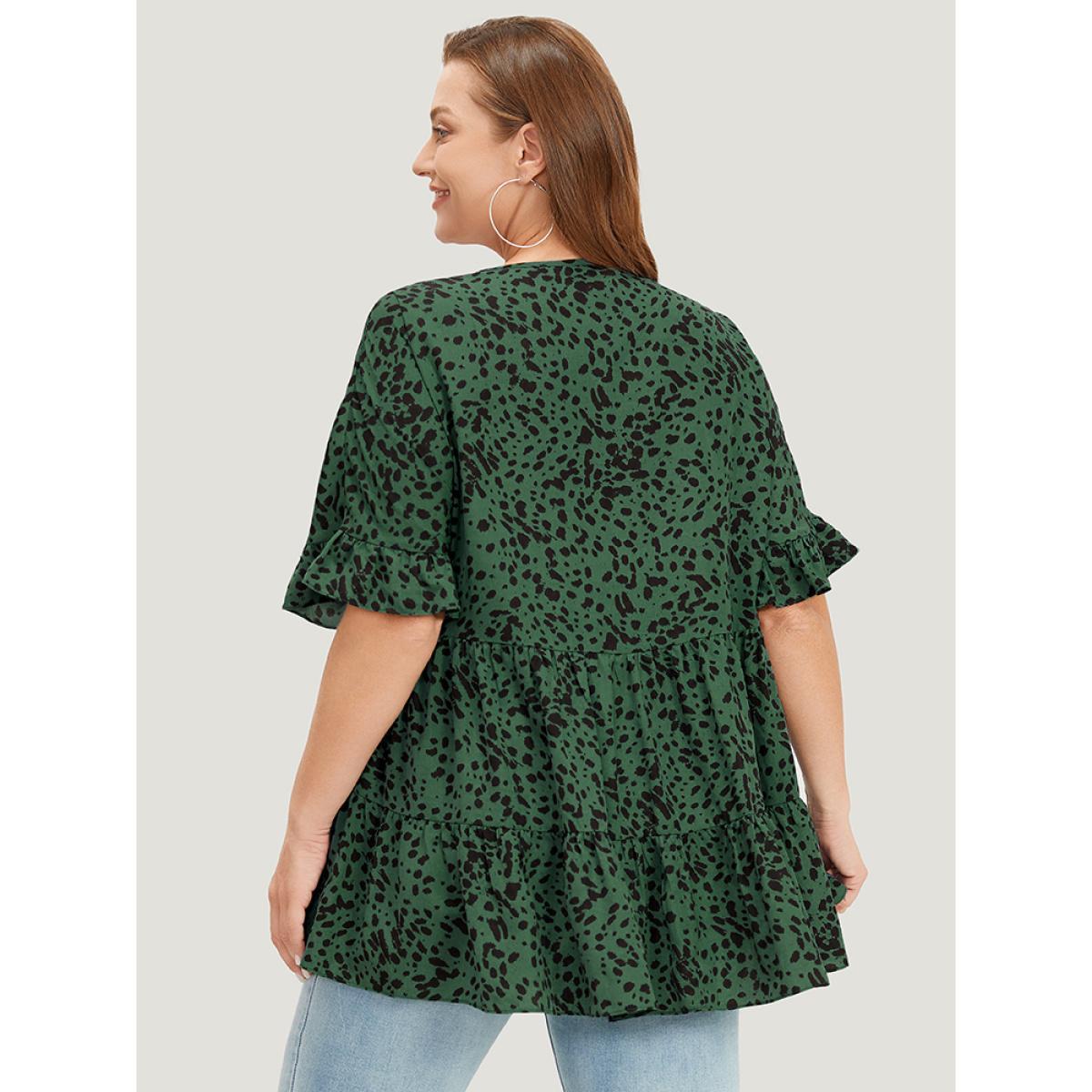 Plus Size Emerald Leopard Tiered Hem Notched Ruffle Sleeve Blouse Women Elegant Half Sleeve Notched collar Dailywear Blouses BloomChic 14-16/1X Product Image