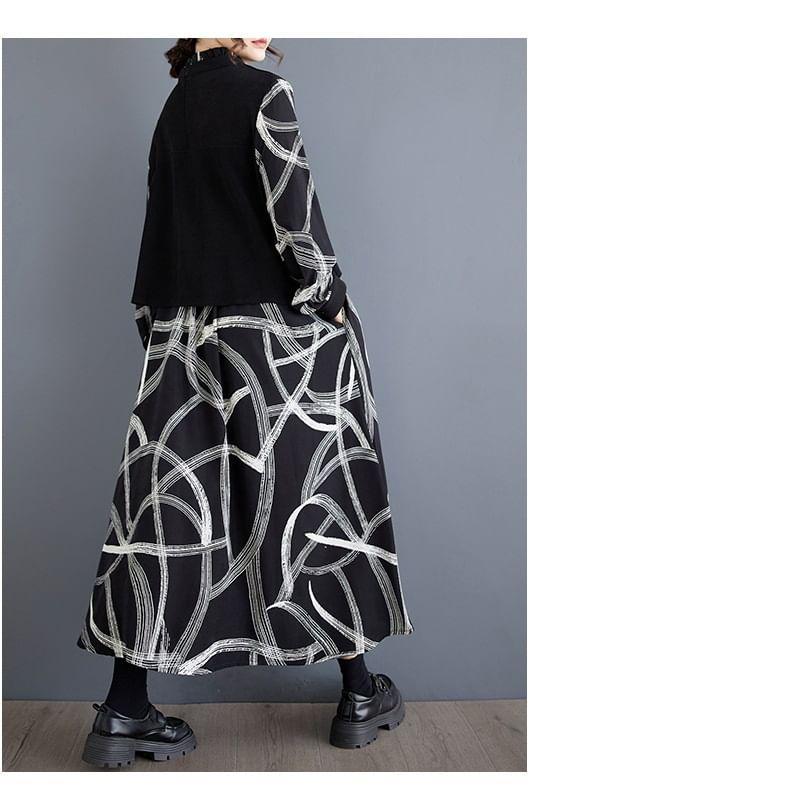 Long-Sleeve Stand Collar Mock Two-Piece Print Frill Trim Midi Tunic Dress Product Image