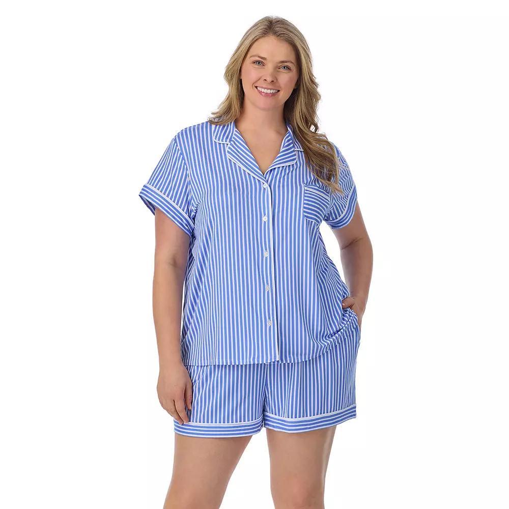 Plus Size Draper James 2-Piece Printed Cozy Short Sleeve Notch Collar Pajama Top & Pajama Shorts Set, Women's, Size: 1XL, Light Blue Stripe Product Image