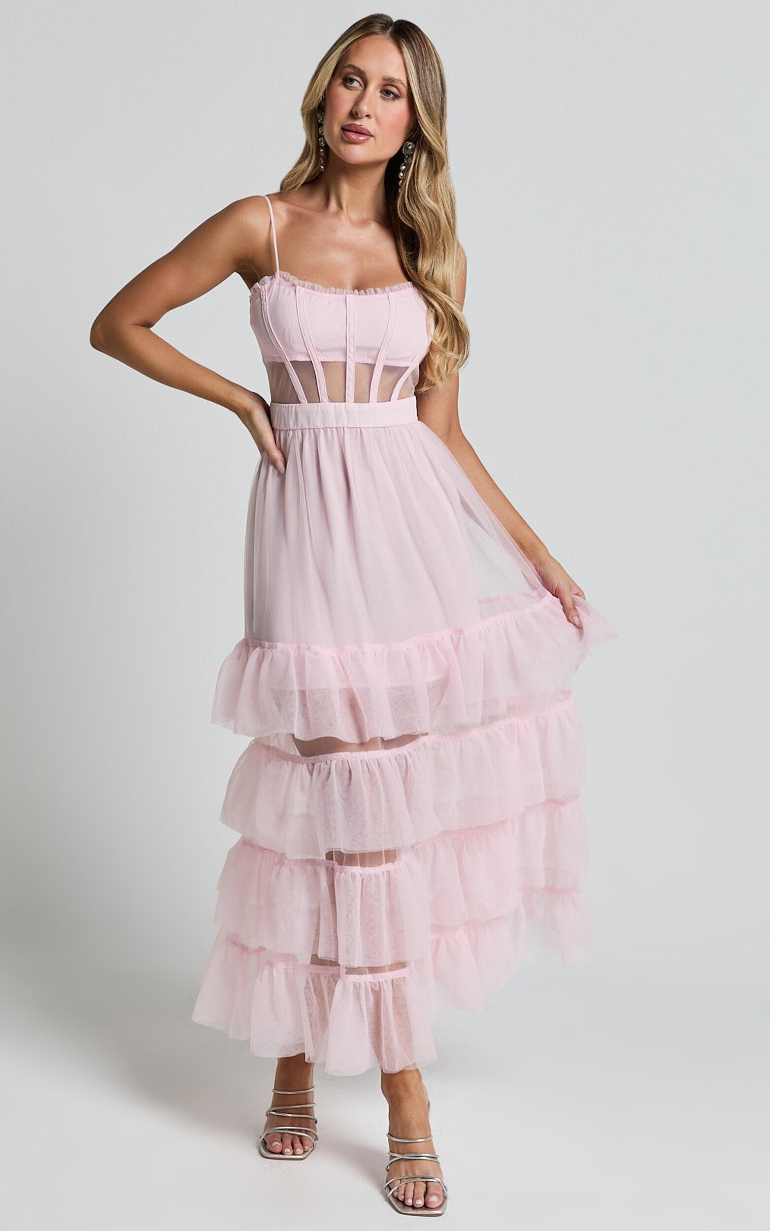 Evelynn Midi Dress - Sweetheart Corset Bodice Fit & Flare Tiered in Ballet Pink Product Image