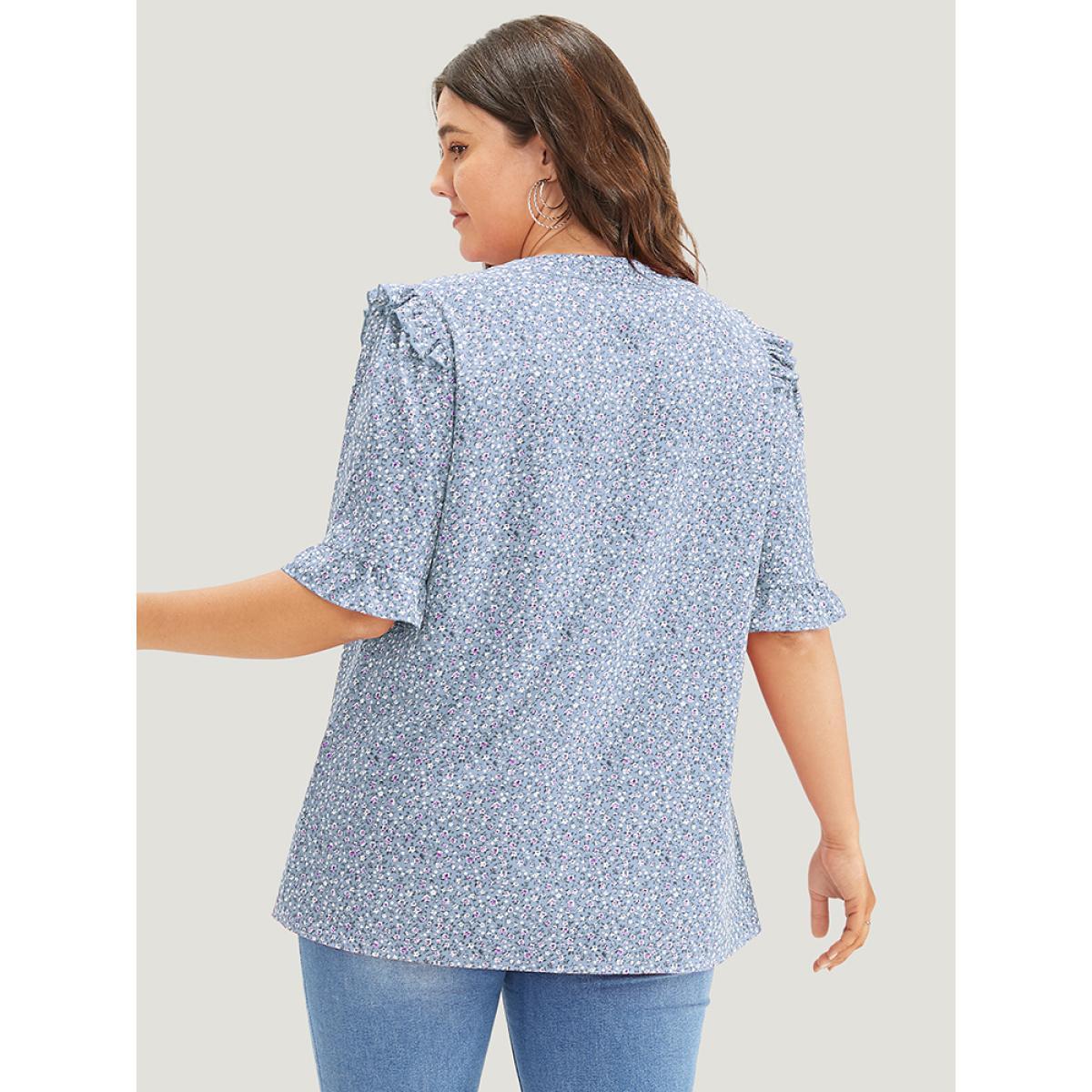 Plus Size Stone Ditsy Floral Frill Trim Ruffle Sleeve Notched Neck Blouse Women Elegant Short sleeve V-neck Dailywear Blouses BloomChic 22-24/3X Product Image