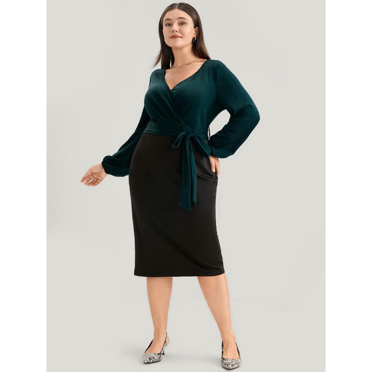 Plus Size Colorblock Contrast Wrap Lantern Sleeve Belted Bodycon Dress DarkGreen Women Glamour Contrast V-neck Long Sleeve Curvy Midi Dress BloomChic 12/L Product Image