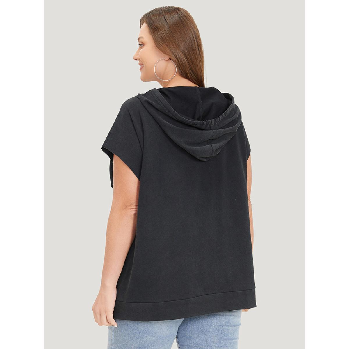 Plus Size Hooded Ties Pocket Batwing Sleeve T-shirt Black Women Casual Cross straps Plain Hooded Dailywear T-shirts BloomChic 14-16/1X Product Image