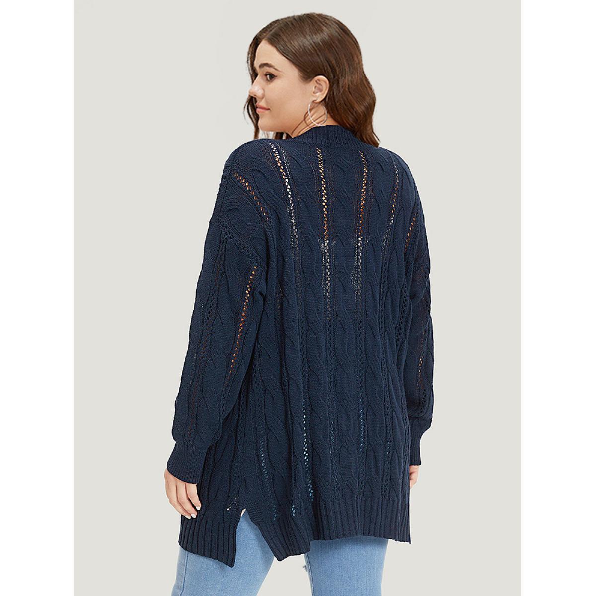 Plus Size Plain Button Up Cable Knit Split Side Cardigan Indigo Women Casual Loose Long Sleeve Everyday Cardigans BloomChic 28/5X Product Image