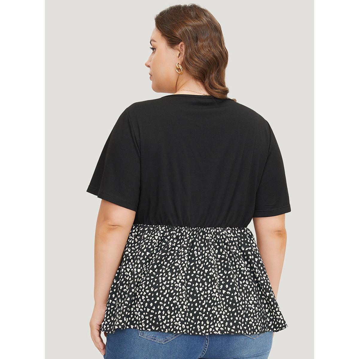 Plus Size Black Leopard Patchwork Twist Ruffle Sleeve Blouse Women Elegant Short sleeve V-neck Dailywear Blouses BloomChic 12/L Product Image