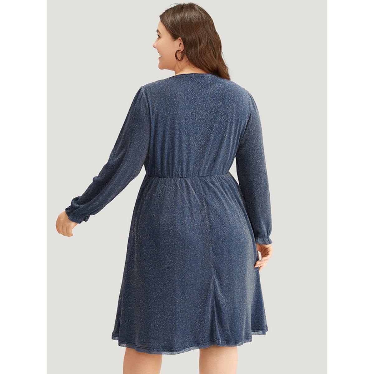 Plus Size Glitter Crew Neck Pocket Pleated Dress Aegean Women Party Elastic cuffs Round Neck Long Sleeve Curvy Midi Dress BloomChic 22-24/3X Product Image