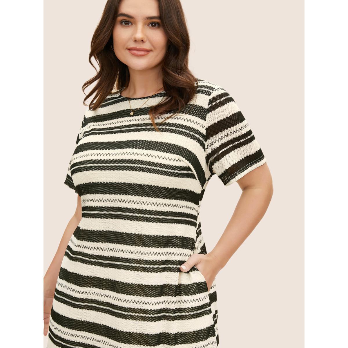 Plus Size Striped Texture Crew Neck Midi Knit Dress Ivory Women Work From Home Texture Round Neck Short sleeve Curvy BloomChic 10/M Product Image