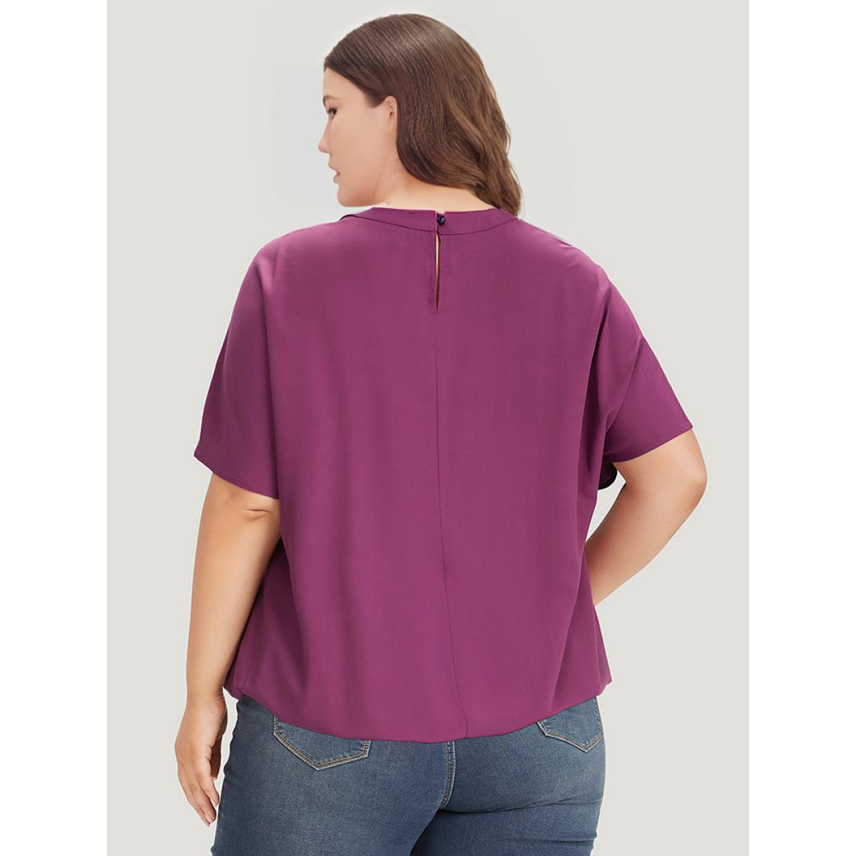 Plus Size Purple Solid Keyhole Gathered Dolman Sleeve Blouse Women Office Short sleeve V-neck Work Blouses BloomChic 14-16/1X Product Image