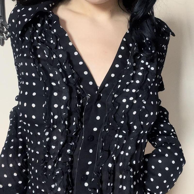 Long-Sleeve V-Neck Dotted Ruffle Trim Blouse Product Image