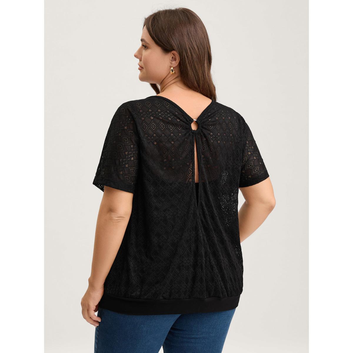 Plus Size Geometric Lace Back Cut-Out T-Shirt Black Women Round Neck Everyday-Elegant T-shirts BloomChic 12/L Product Image