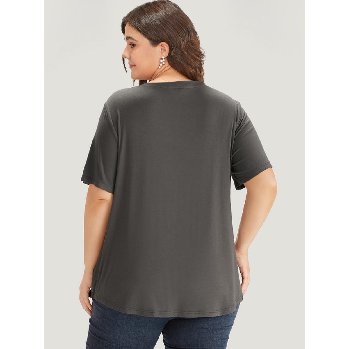 Plus Size Supersoft Essentials Floral V Neck Short Sleeve T-shirt DimGray Women Elegant Embroidered Silhouette Floral Print V-neck Dailywear T-shirts BloomChic 12/L Product Image