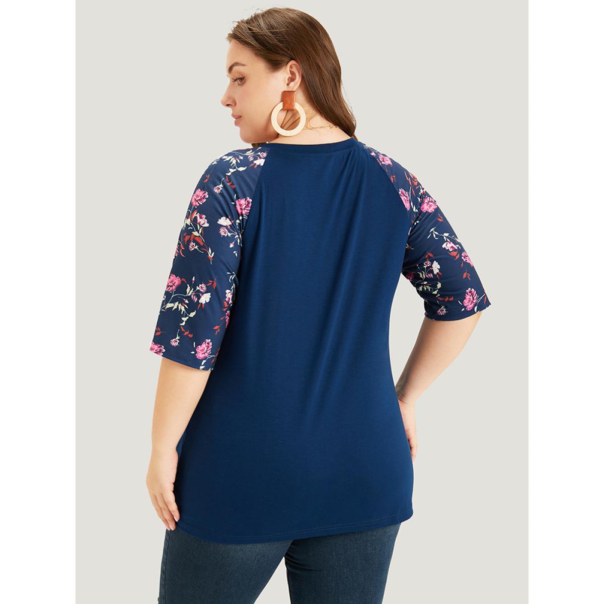 Plus Size Floral Patchwork Raglan Sleeve T-shirt Blue Women Elegant Patchwork Floral V-neck Work T-shirts BloomChic 12/L Product Image