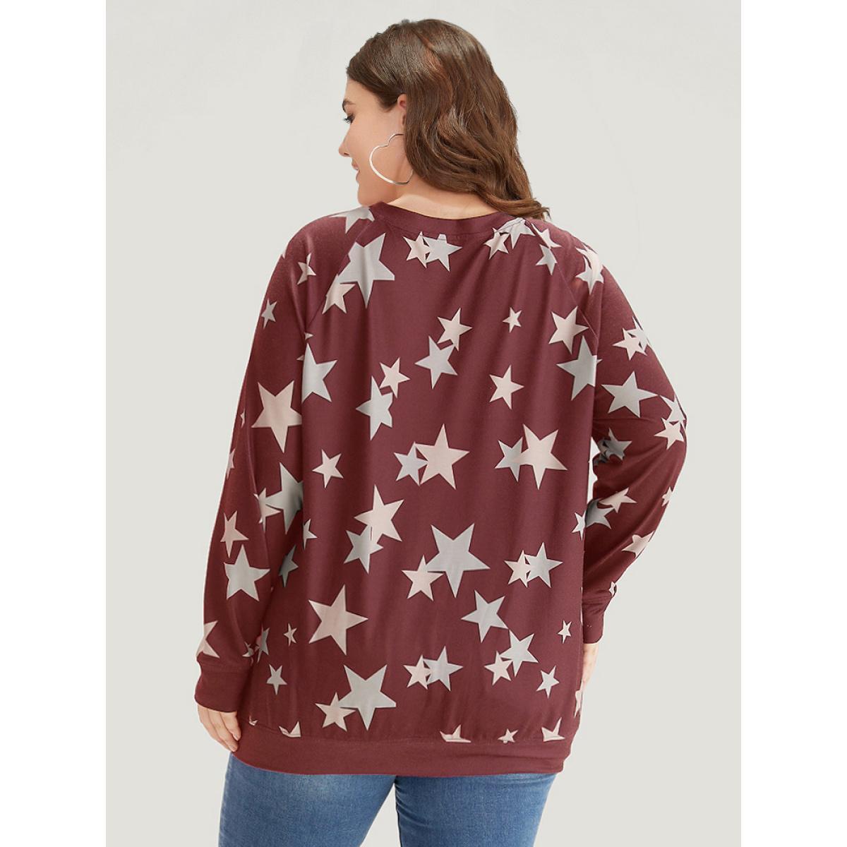 Plus Size Star Print V Neck Raglan Sleeve Sweatshirt Women Raspberry Elegant Elastic cuffs V-neck Dailywear Sweatshirts BloomChic 28/5X Product Image