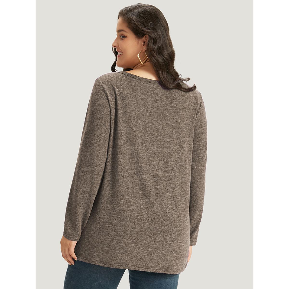 Plus Size Heather Button Up Long Sleeve T-shirt LightBrown Women Casual Heather Plain V-neck Everyday T-shirts BloomChic 26/4X Product Image