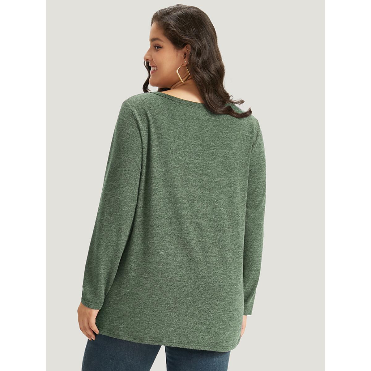 Plus Size Heather Button Up Long Sleeve T-shirt Emerald Women Casual Heather Plain V-neck Everyday T-shirts BloomChic 28/5X Product Image