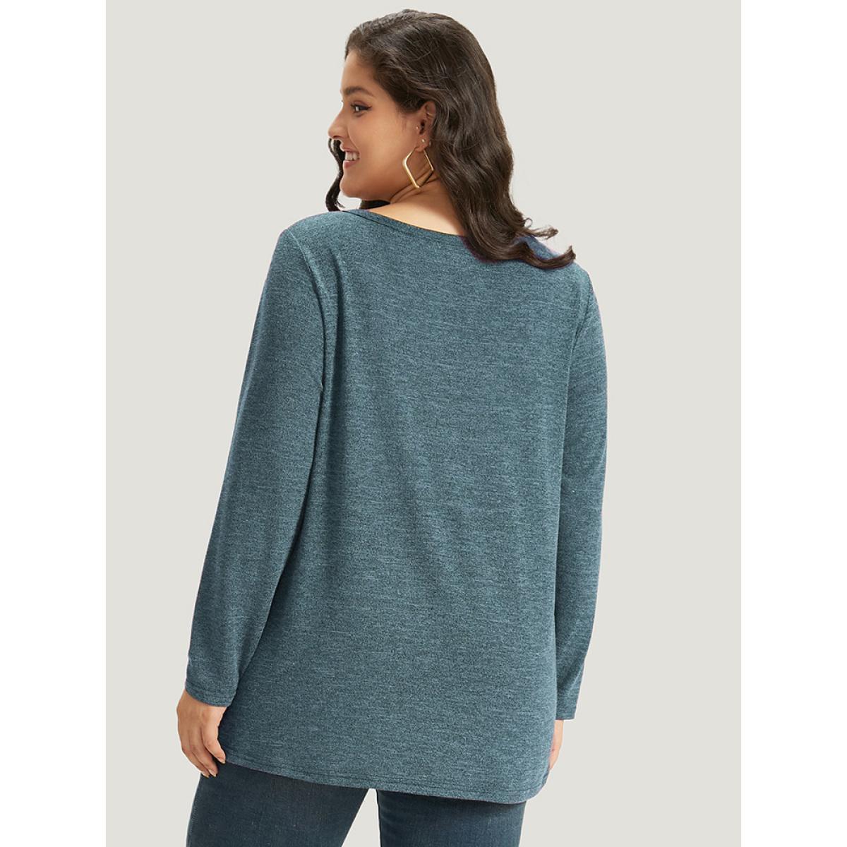 Plus Size Heather Button Up Long Sleeve T-shirt Russet Women Casual Heather Plain V-neck Everyday T-shirts BloomChic 18-20/2X Product Image