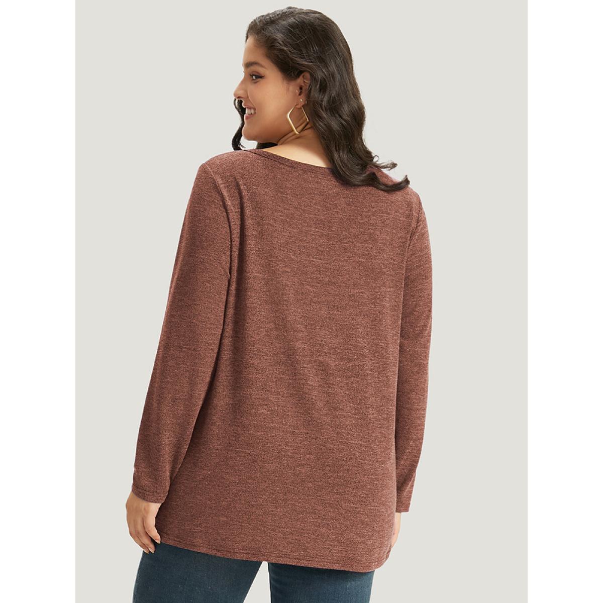 Plus Size Heather Button Up Long Sleeve T-shirt Blue Women Casual Heather Plain V-neck Everyday T-shirts BloomChic 28/5X Product Image