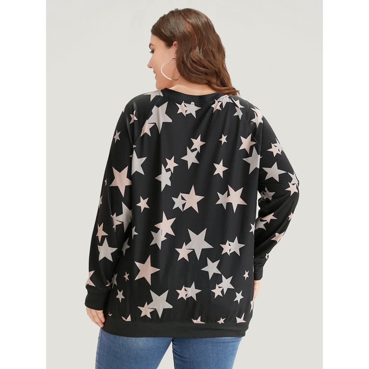 Plus Size Star Print V Neck Raglan Sleeve Sweatshirt Women Black Elegant Elastic cuffs V-neck Dailywear Sweatshirts BloomChic 30/6X Product Image