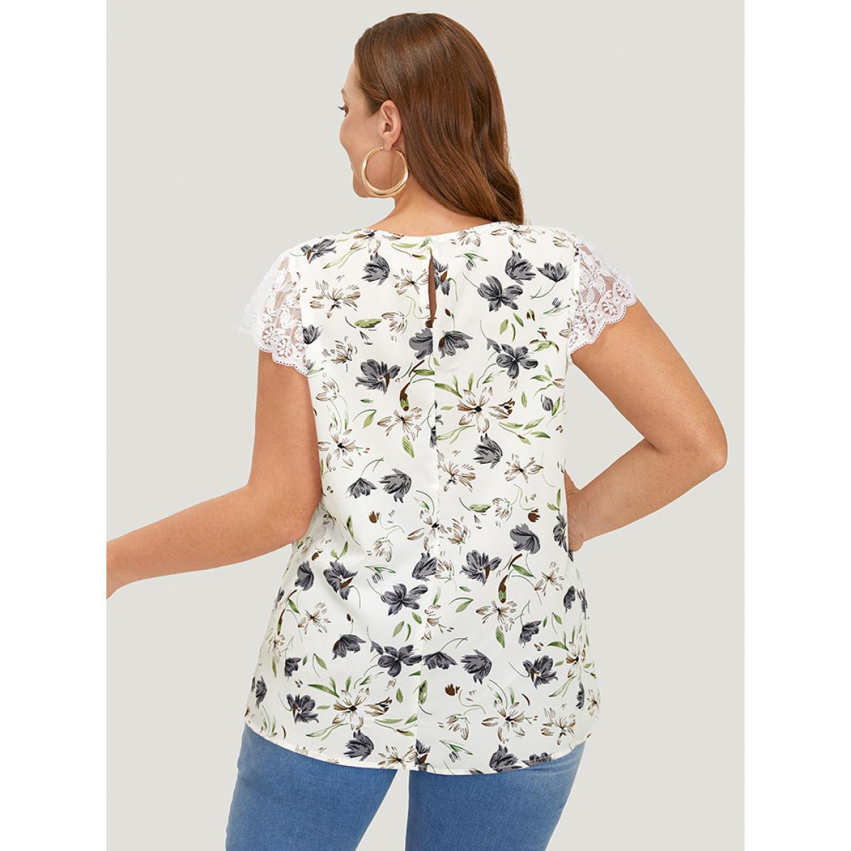 Plus Size White Floral Printed Lace Cap Sleeve Blouse Women Elegant Cap Sleeve Round Neck Dailywear Blouses BloomChic 14-16/1X Product Image