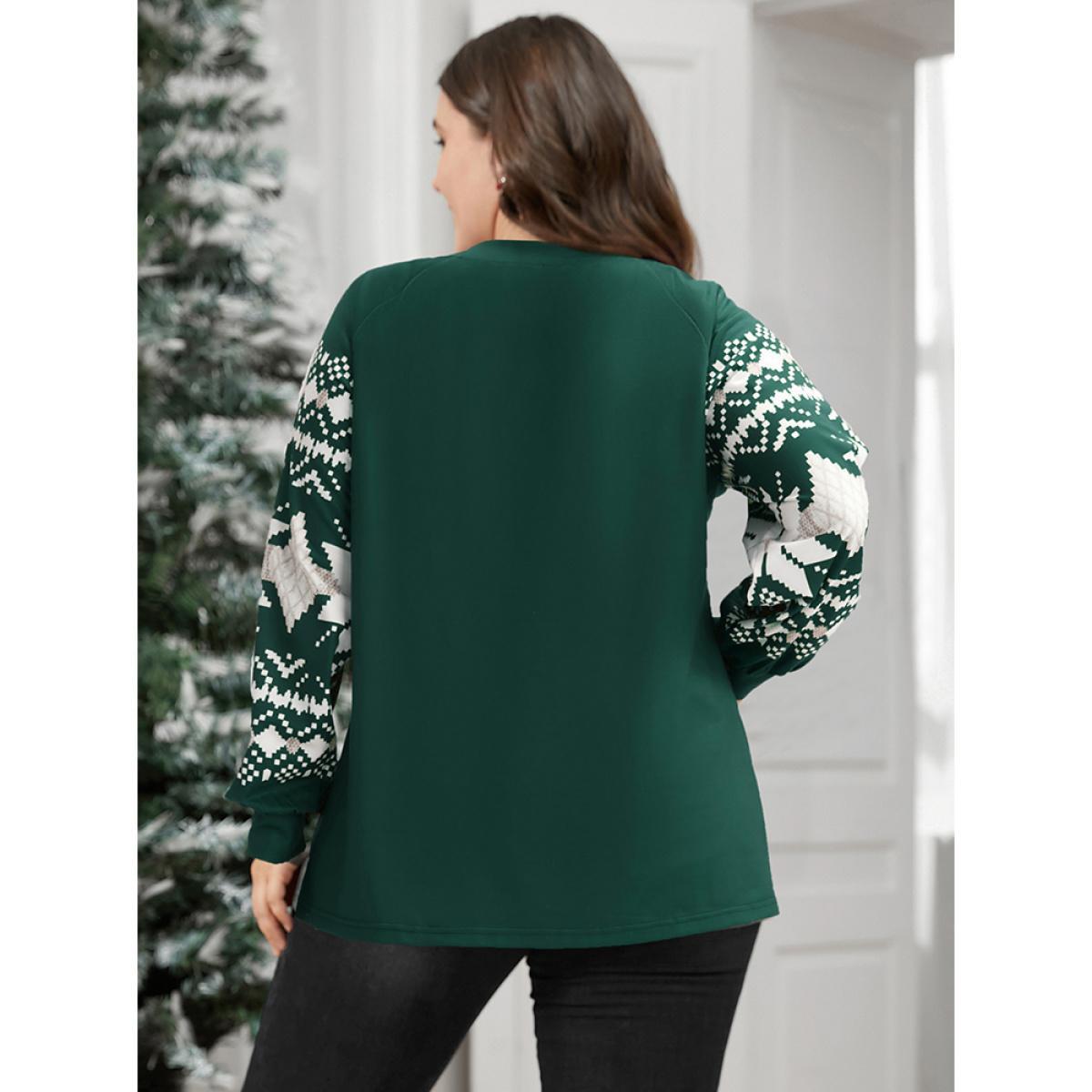 Plus Size Snowflake Print V Neck Drop Shoulder Sweatshirt Women DarkGreen Casual Contrast V-neck Festival-Christmas Sweatshirts BloomChic 22-24/3X Product Image
