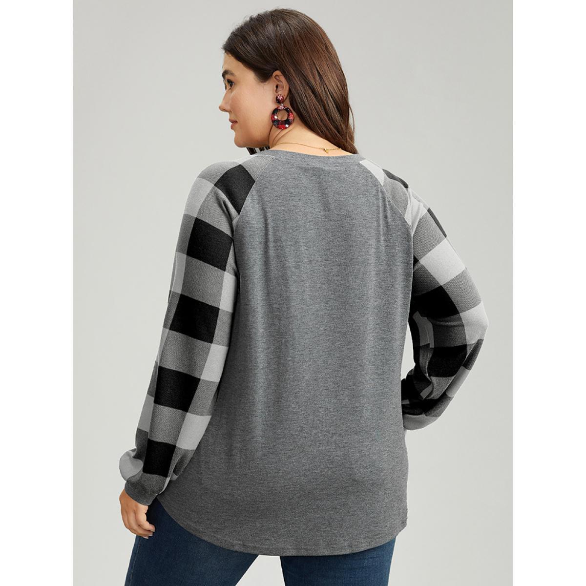 Plus Size Plaid Christmas Trees Round Neck T-shirt Black Women Casual Contrast Christmas Festival-Christmas T-shirts BloomChic 10/M Product Image
