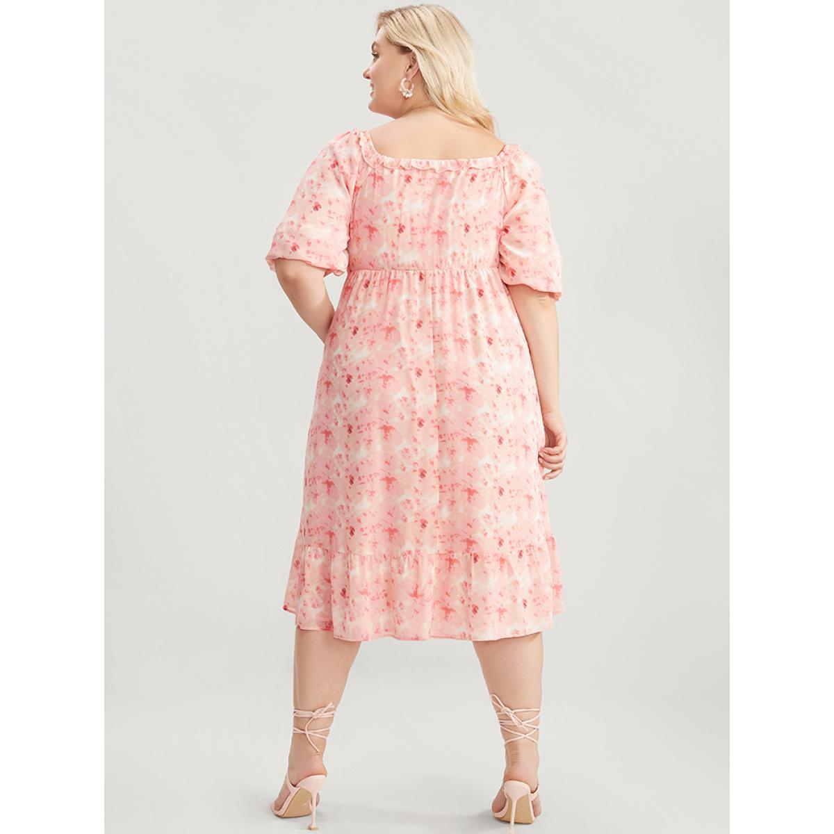 Plus Size Tie Dye Square Neck Puff Sleeve Pocket Ruffle Hem Dress Crepe Women Elegant Pocket Square Neck Short sleeve Curvy Knee Dress BloomChic 12/L Product Image