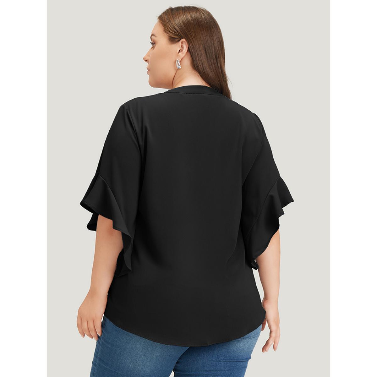 Plus Size Black Anti-Wrinkle Plain Notched Flutter Sleeve Button Up Blouse Women Office Short sleeve Notched collar Work Blouses BloomChic 30/6X Product Image
