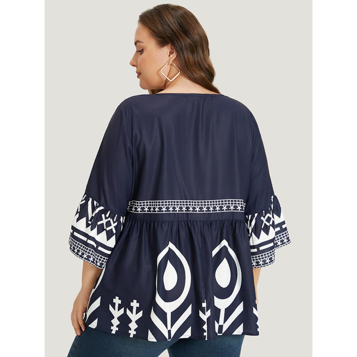 Plus Size Midnight Silhouette Floral Print Bell Sleeve Ruffle Hem Blouse Women Vacation Elbow-length sleeve V-neck Dailywear Blouses BloomChic 30/6X Product Image