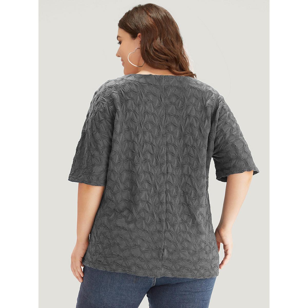 Plus Size Plain Textured V Neck Half Sleeve T-shirt Gray Women Elegant Texture Plain V-neck Dailywear T-shirts BloomChic 28/5X Product Image