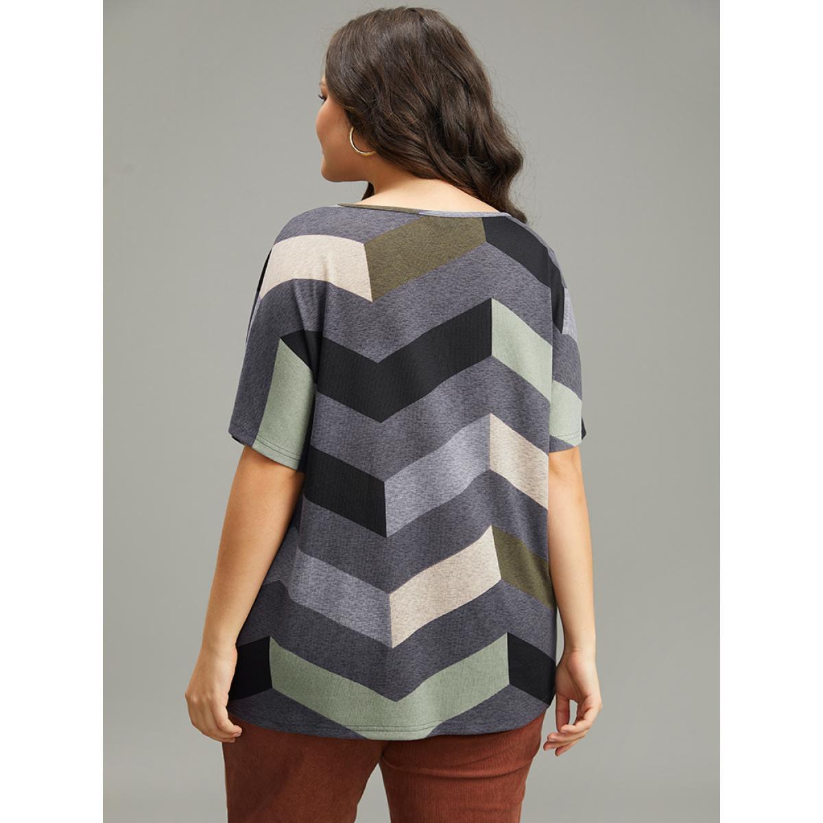 Plus Size Striped Zipper Batwing Sleeve T-shirt Gray Women Casual Zipper Striped V-neck Dailywear T-shirts BloomChic 12/L Product Image