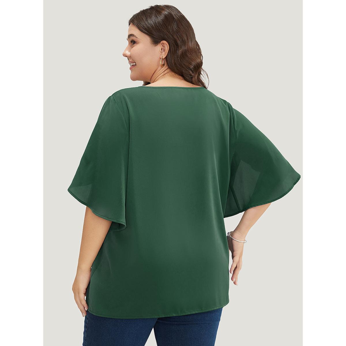 Plus Size ArmyGreen Solid Half Zipper Split Petal Sleeve Blouse Women Office Half Sleeve V-neck Work Blouses BloomChic 12/L Product Image
