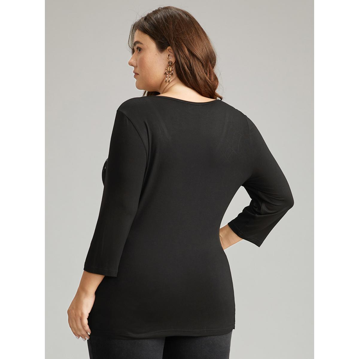 Plus Size Supersoft Essentials Halloween Graphic Rhinestone T-shirt Black Women Casual Rhinestone detailing Graphic-Halloween V-neck Festival-Halloween T-shirts BloomChic 22-24/3X Product Image