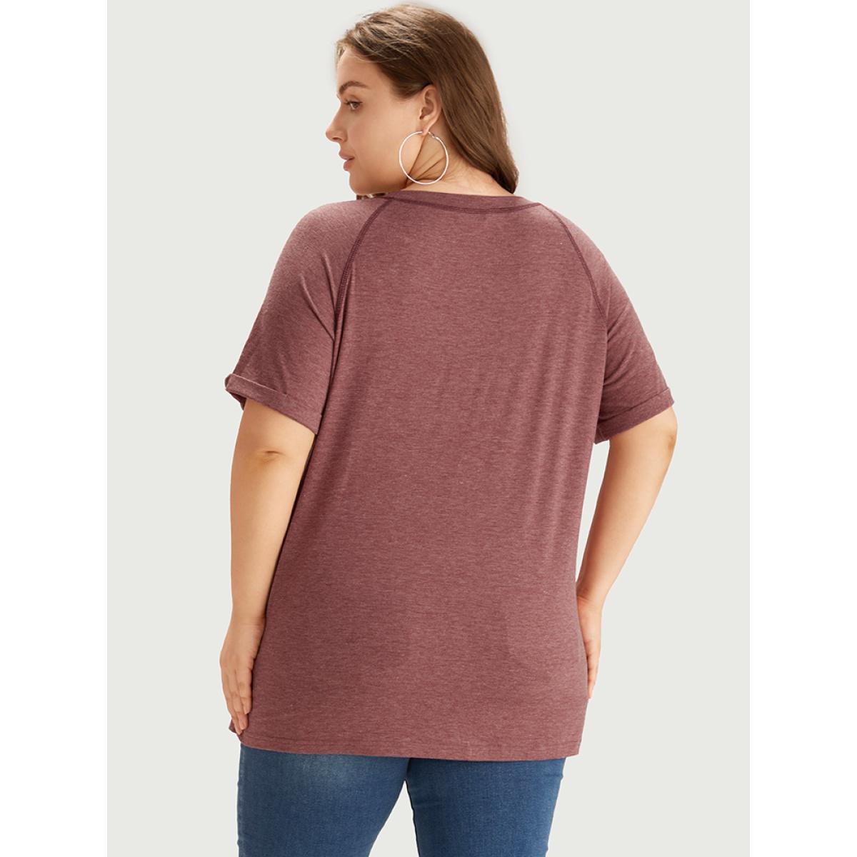 Plus Size Plain Crew Neck Stitch Roll Sleeve T-shirt Rust Women Casual Plain Plain Round Neck Dailywear T-shirts BloomChic 12/L Product Image