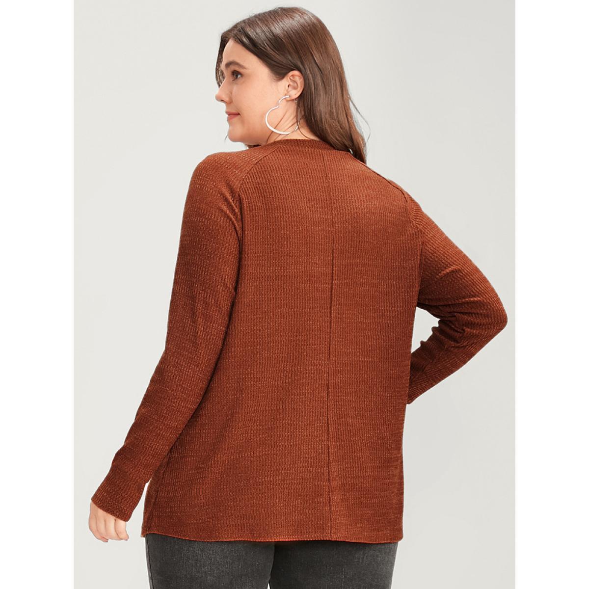 Plus Size Solid Contrast Lace Mock Neck Rib Knit Long Tee Russet Women Elegant Patchwork Plain Mock Neck Dailywear T-shirts BloomChic 14-16/1X Product Image