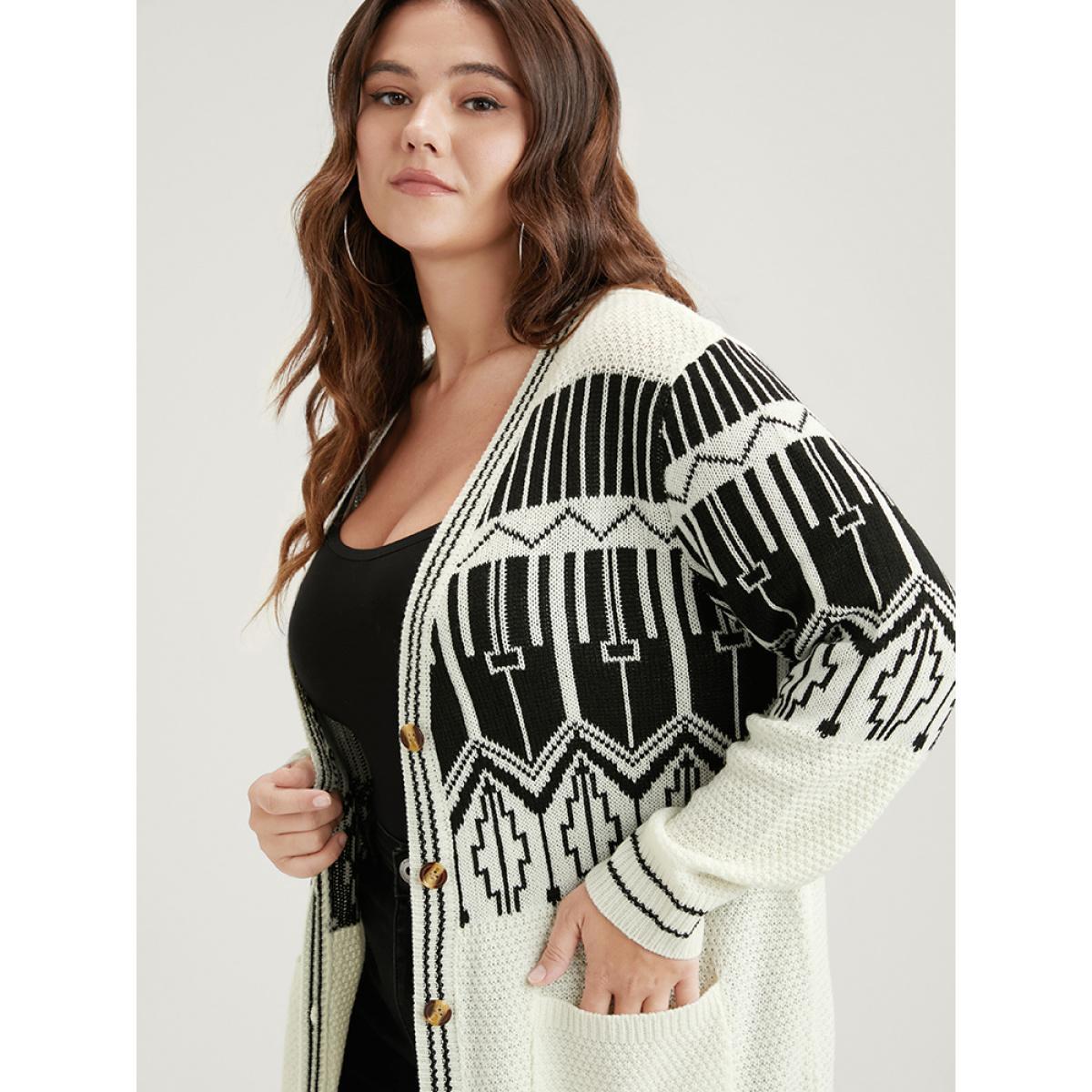 Plus Size Geometric Knitted Jacquard Contrast Pocket Button Front Cardigan White Women Elegant Loose Long Sleeve Dailywear Cardigans BloomChic 22-24/3X Product Image