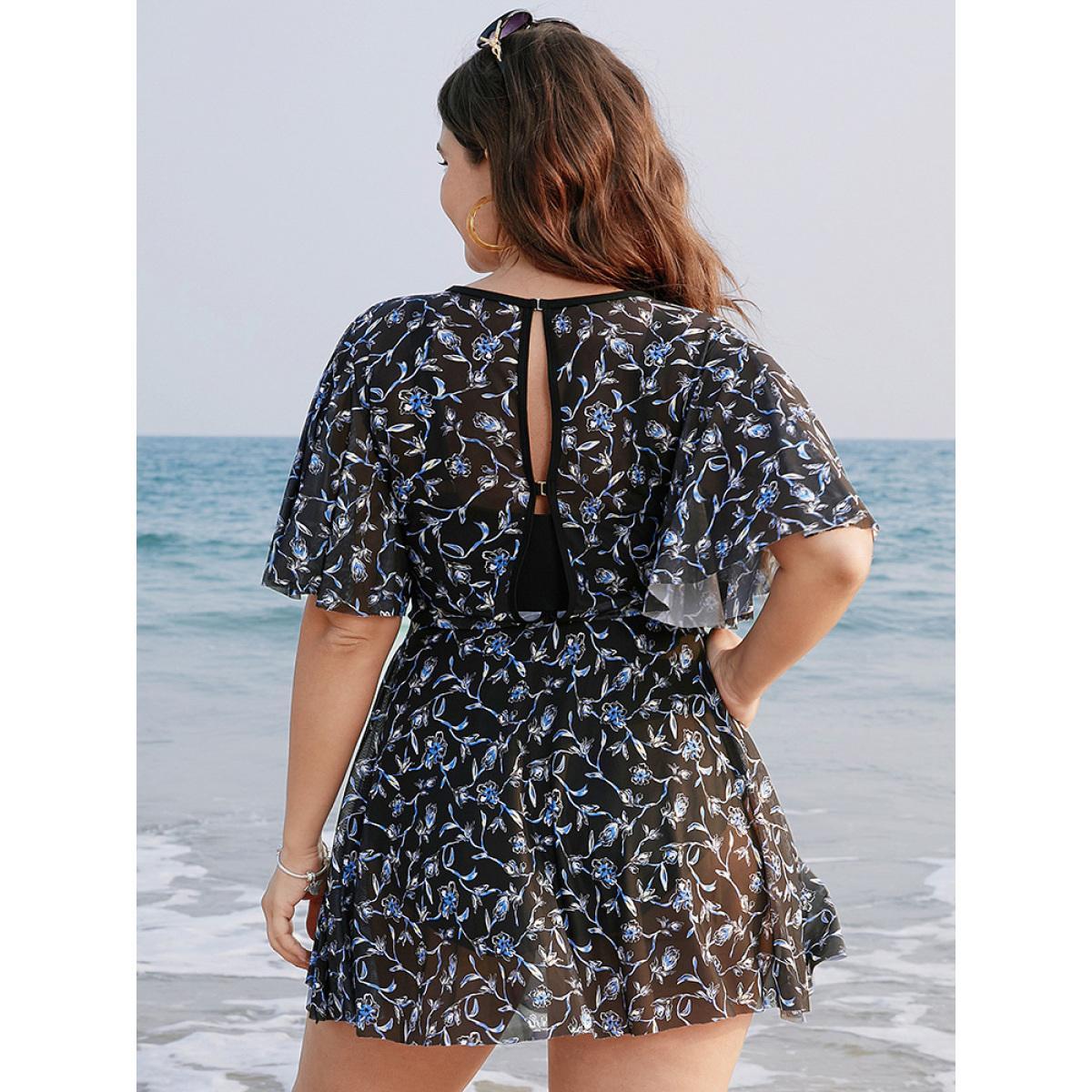 Plus Size Ditsy Floral Ruffle Sleeve Cut Out Swim Dress Women's Swimwear BlackFlower Beach Bodycon Round Neck High stretch Curve Swim Dresses BloomChic 12/L Product Image
