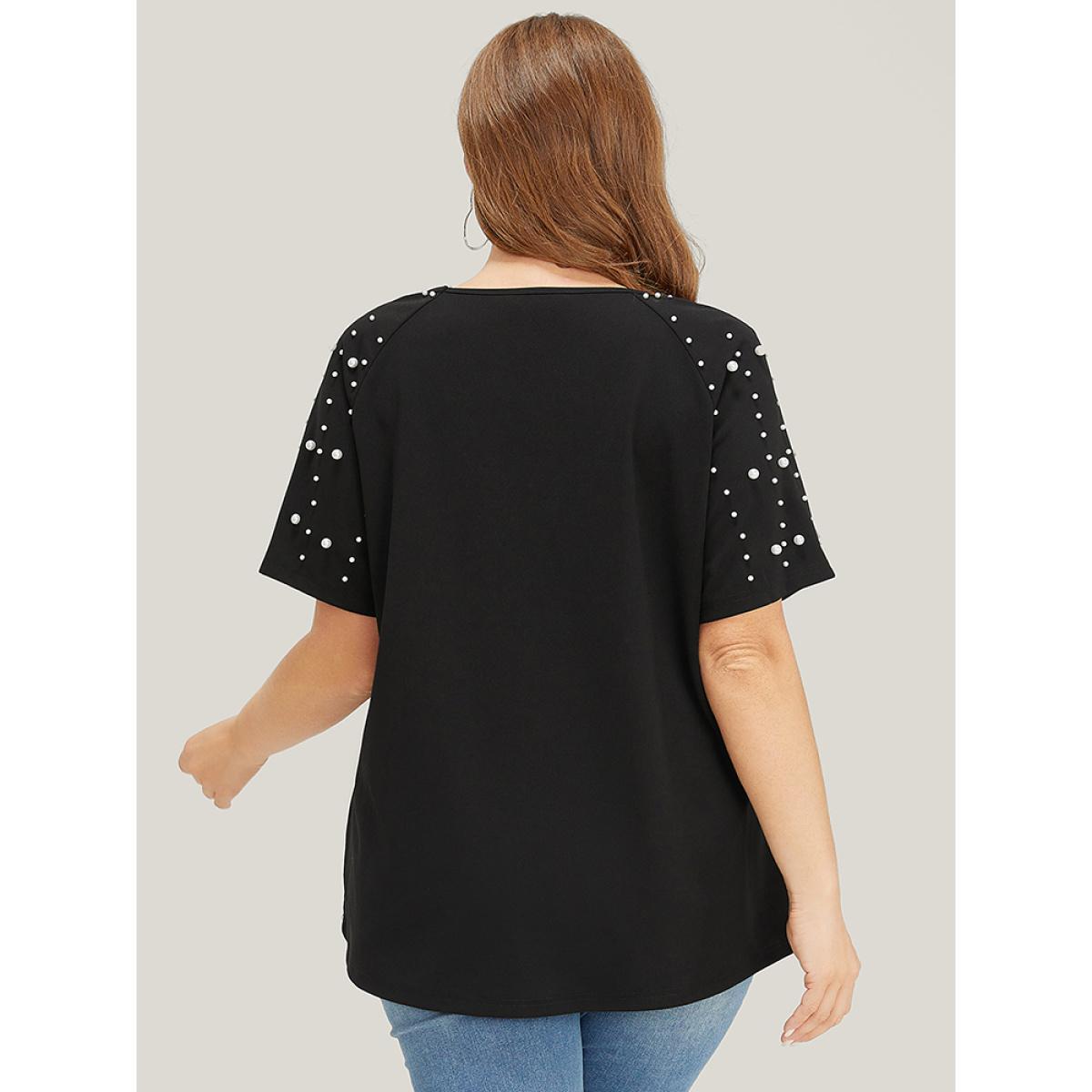 Plus Size Solid Raglan Sleeve Pearl Beaded T-shirt Black Women Elegant Beaded Plain Round Neck Dailywear T-shirts BloomChic 10/M Product Image