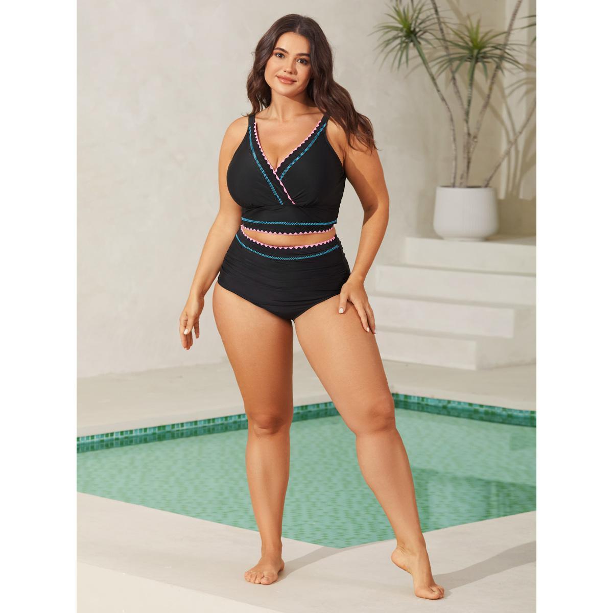 Plus Size Embroidered Color Contrast Swim Top Women's Swimwear Black Beach Contrast High stretch Skinny Overlap Collar Curve Swim Tops BloomChic 10/M Product Image