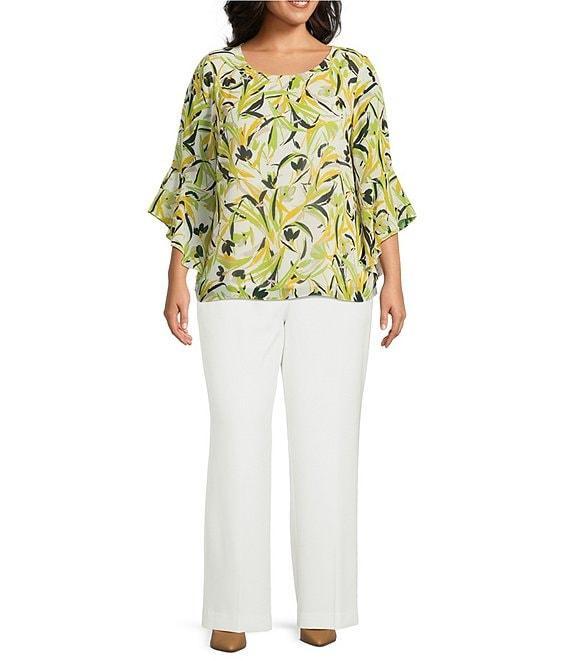 Kasper Plus Size Chiffon Crew Neck 3/4 Ruffle Sleeve Blouse Product Image