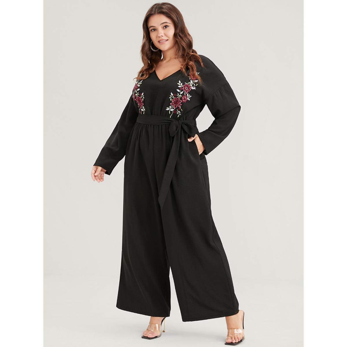 Plus Size Black Solid Embroidered Pocket Belted Jumpsuit Women Elegant Long Sleeve V-neck Dailywear Loose Jumpsuits BloomChic 28/5X Product Image