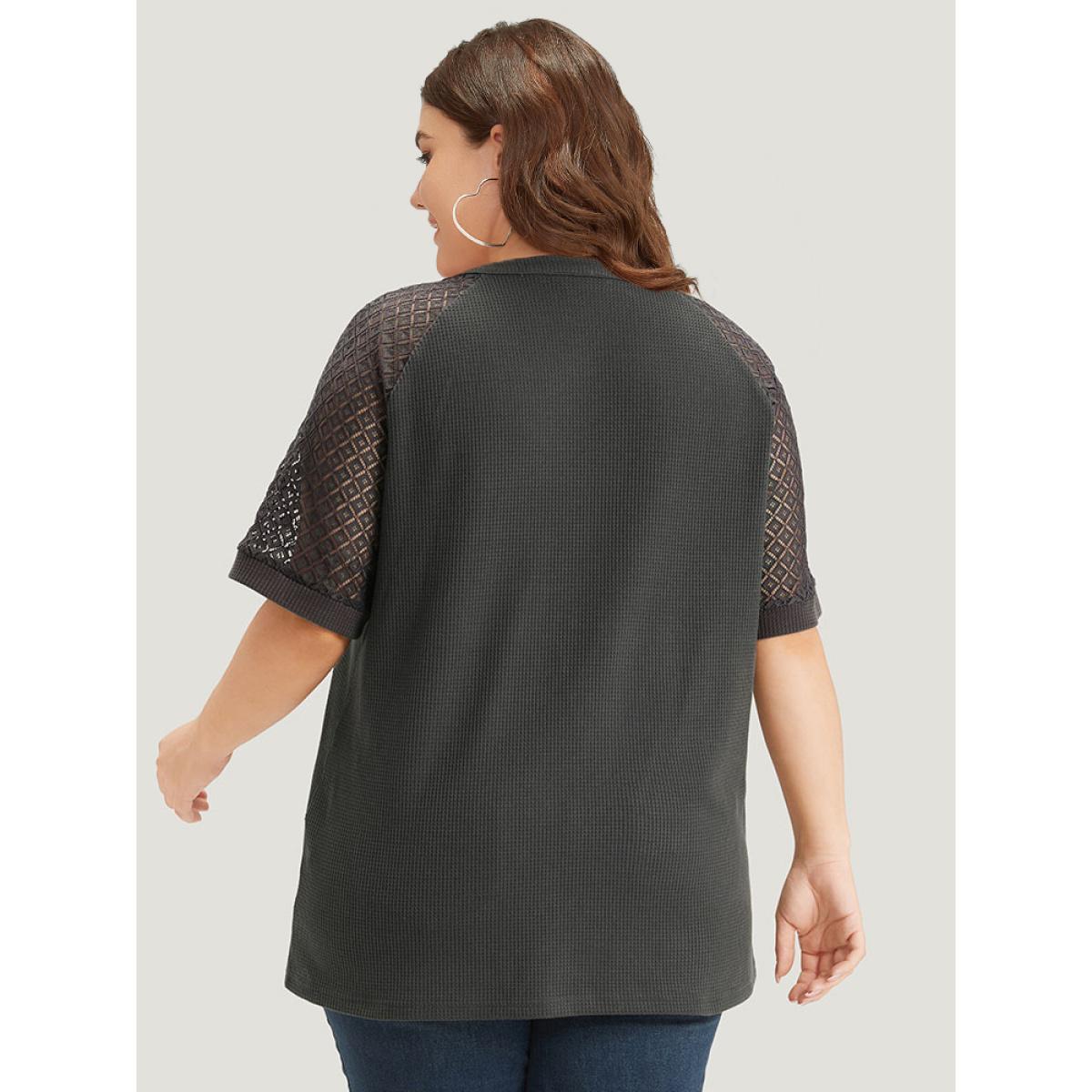 Plus Size Plain Notched Crochet Lace Raglan Sleeve T-shirt Gray Women Elegant Plain Plain Notched collar Dailywear T-shirts BloomChic 26/4X Product Image