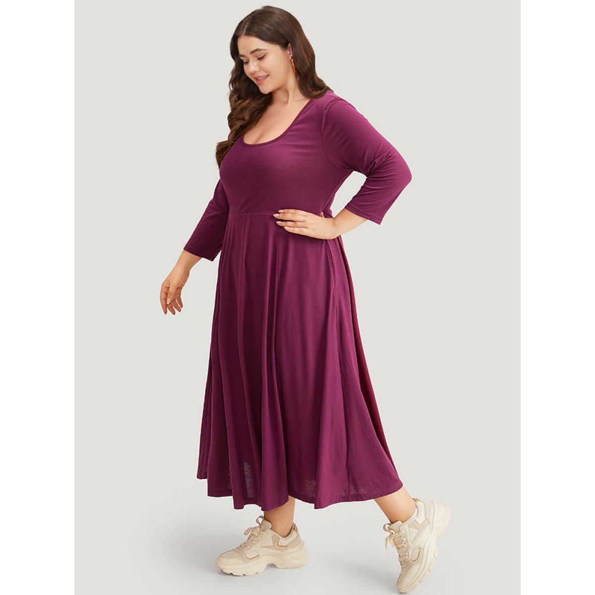 Plus Size Supersoft Essentials Scoop Neck Pleated Dress RedViolet Women Casual Plain Scoop Neck Elbow-length sleeve Curvy Midi Dress BloomChic 14-16/1X Product Image